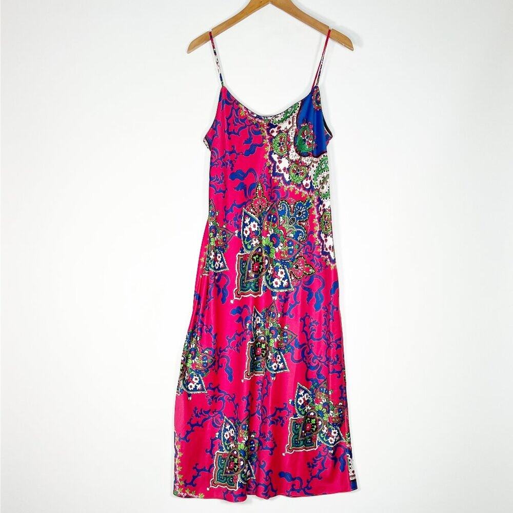 Natori Floral Print Satin Lace Trim Chemise Slip Dress Pink Blue Green Womens S